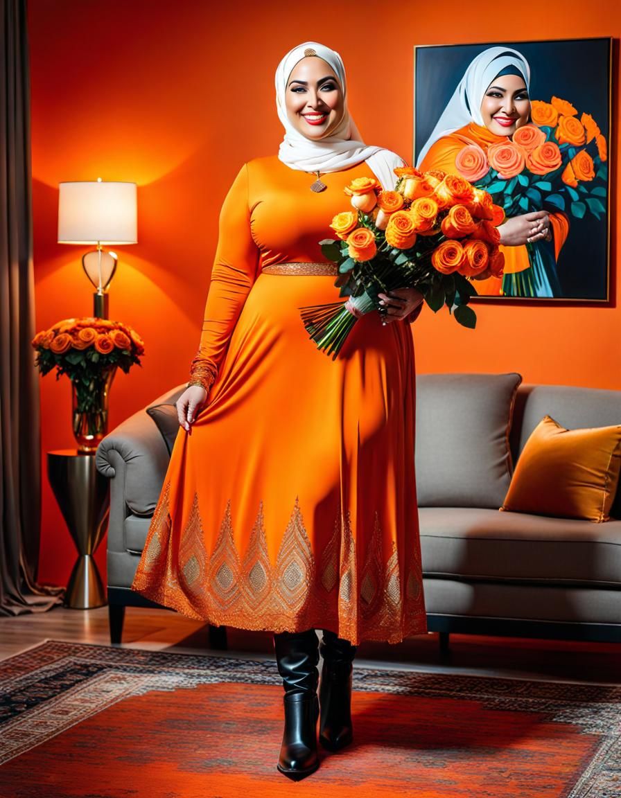 Psychedelic Oil Portrait of Curvy Woman with Rose Bouquet