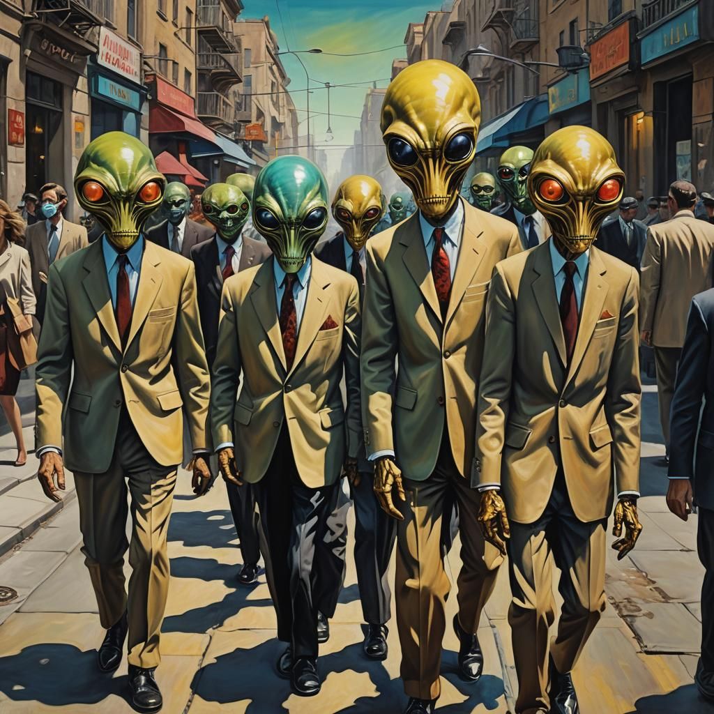 Aliens in Disguise: Surreal Oil Painting