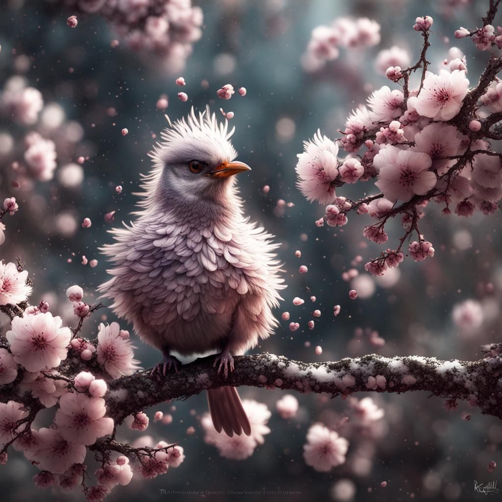 Fluffy Bird with Blossoms, Hyperdetailed Fractal Art