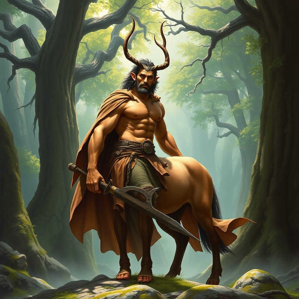 A majestic, muscular, and noble centaur man , standing in th...