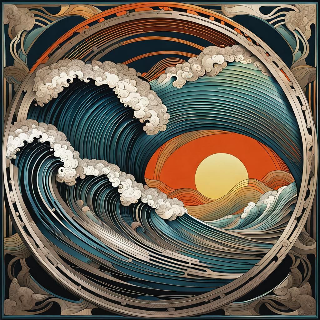 Raging Sea in Geometric Engraving Style