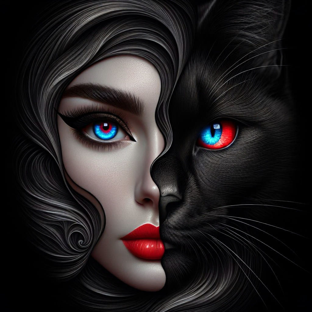 Surreal Hybrid: Woman and Cat Face in Digital Art