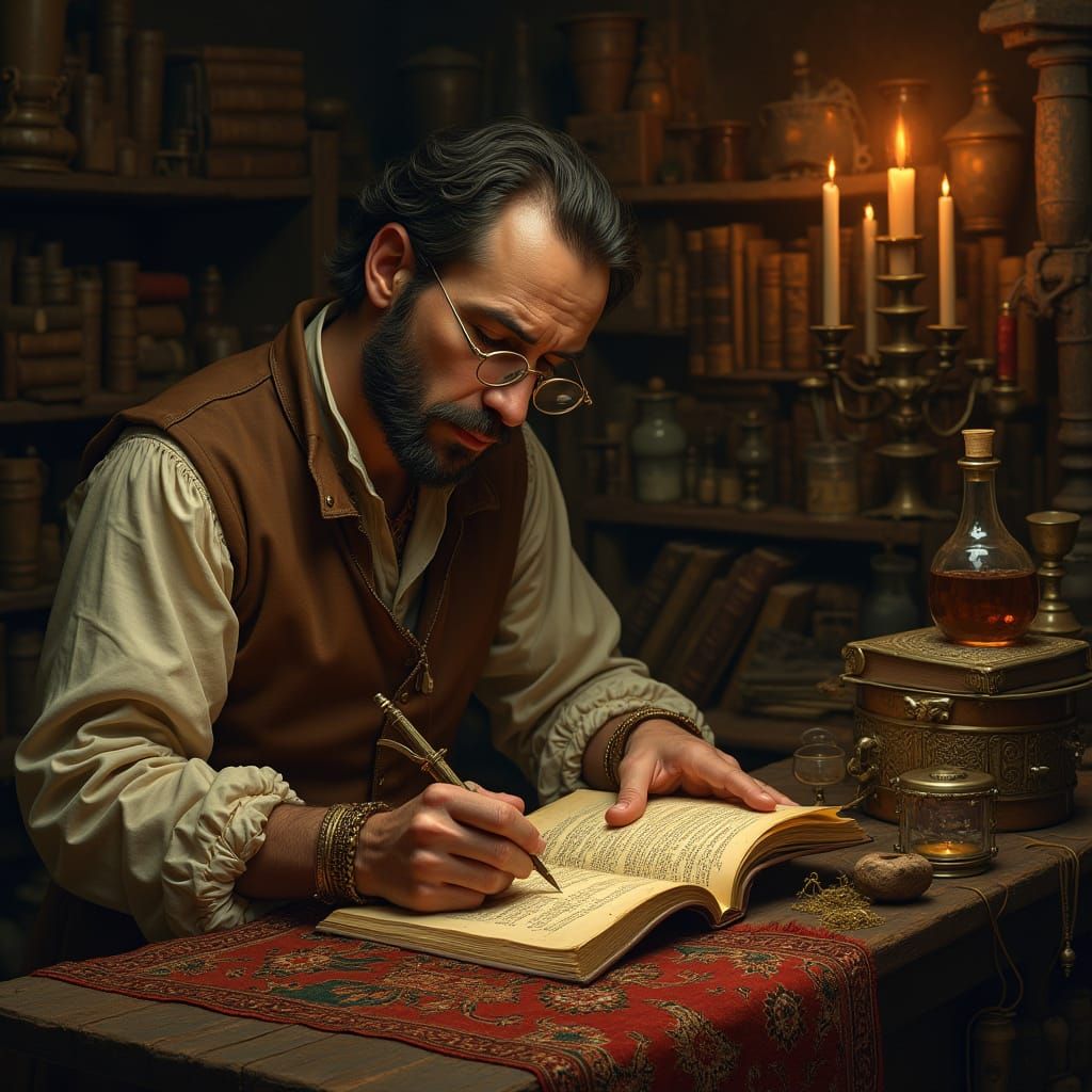 Medieval Alchemist in Dimly Lit Workshop