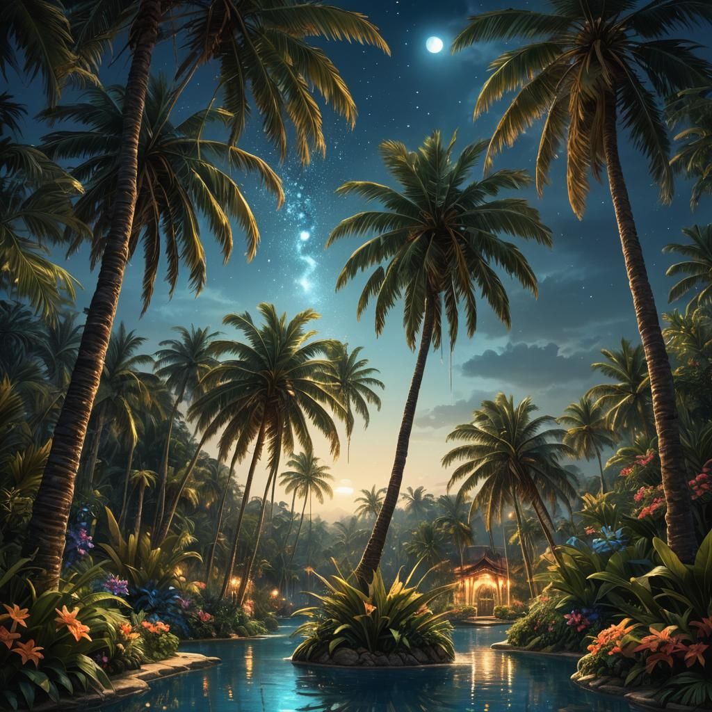 Moonlit Oasis: A Hyper-Realistic Fantasy Landscape