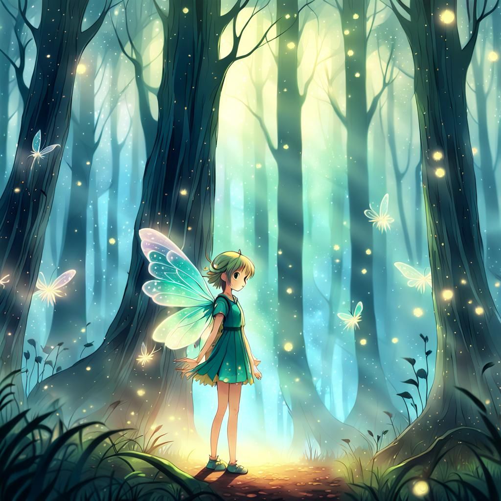 Manga-Style Fairy in Misty Forest Illustration