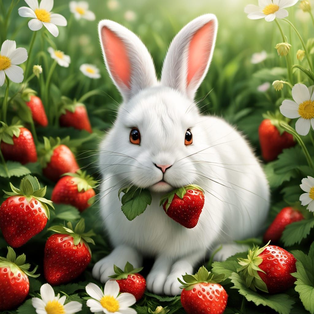 Fluffy White Bunny in Strawberry Field with Flower Hat