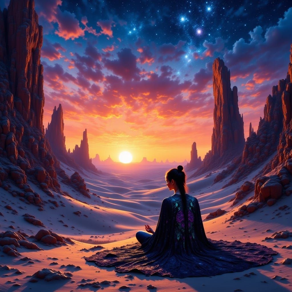 Serene Desert Twilight with Glowing Artifact