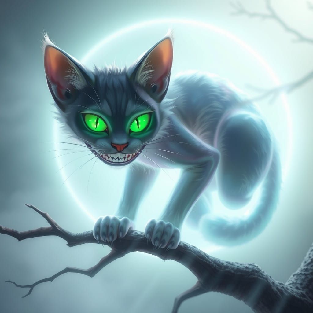 Glowing Cheshire Cat Perched on a Misty Tree Branch