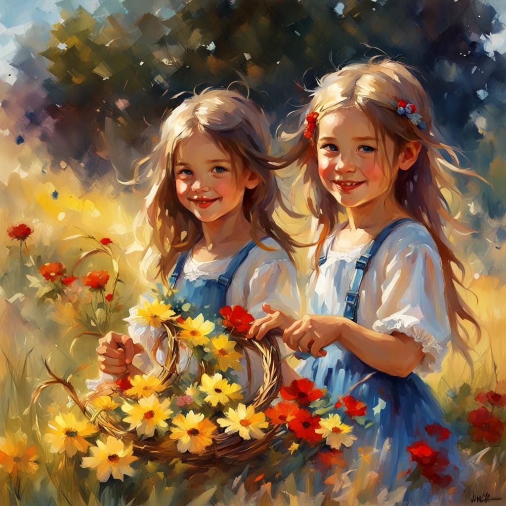 Girls Tie Wreaths in Meadow: 3D Watercolor Art