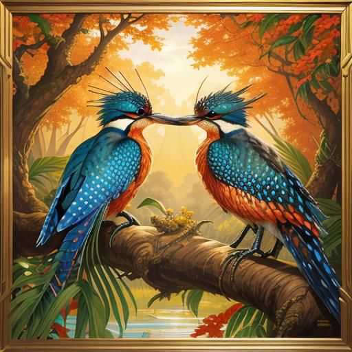 Kingfishers in Sunlight as Paint-on-Glass Painting