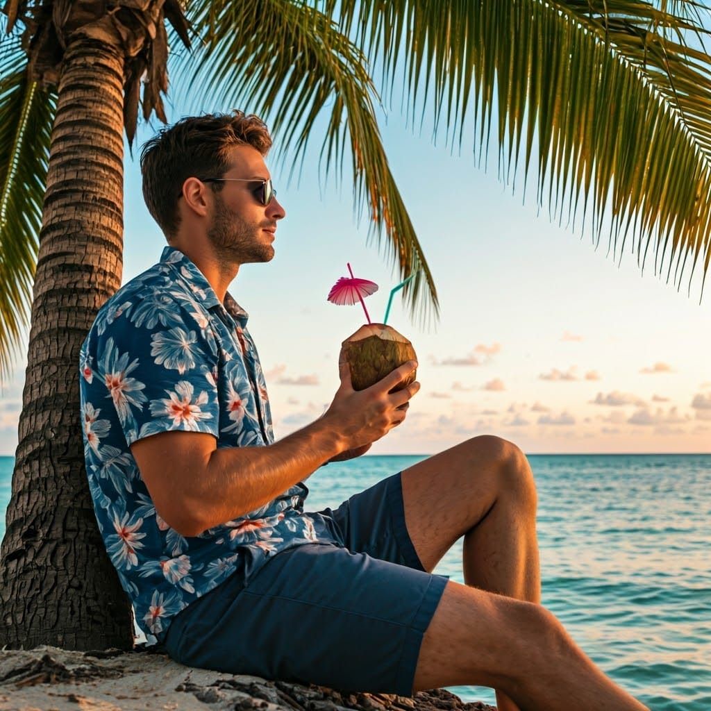 Tropical Paradise: Man Relaxing at Sunset
