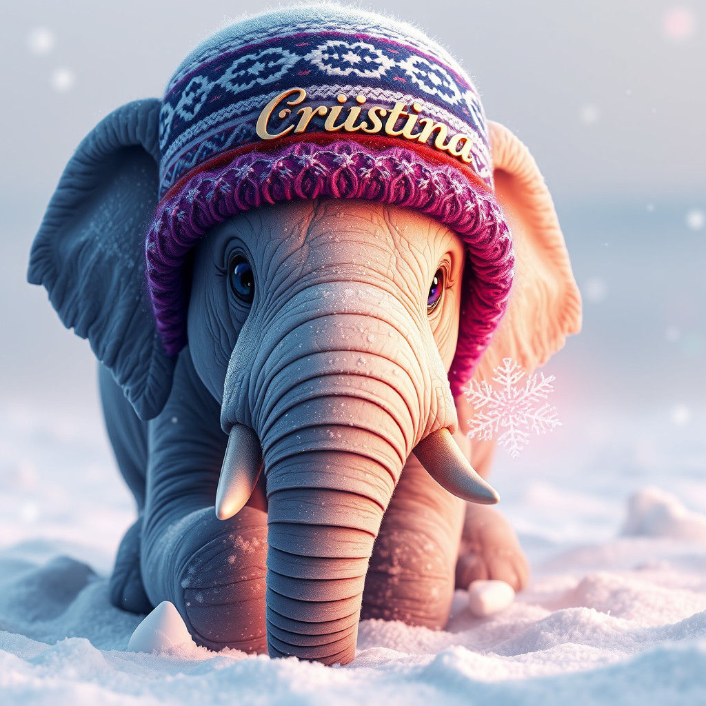Snow Elephant with Winter Hat in Dreamy Landscape