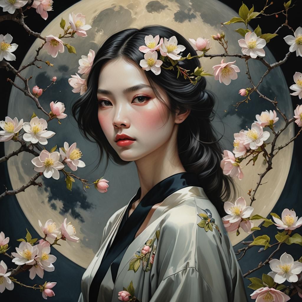 Apple Blossom Woman Portrait with Glowing Accents