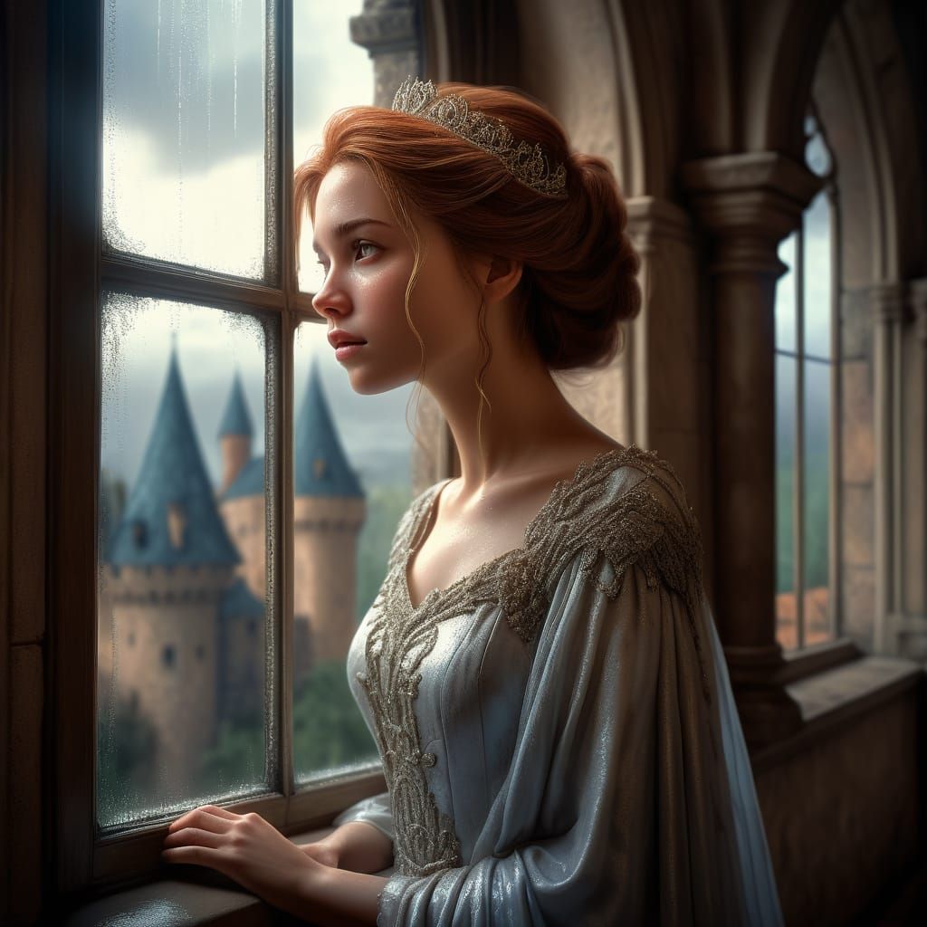 Fantasy Princess Gazes from Castle Window in Rain