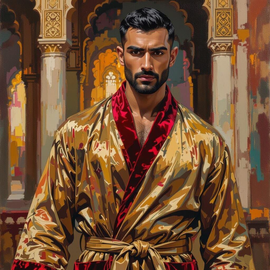 Indian Man in Red Velvet Bathrobe in Golden Mosque