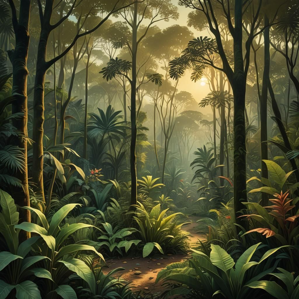 Mystical Jungle Landscape at Dawn in Rousseau Style