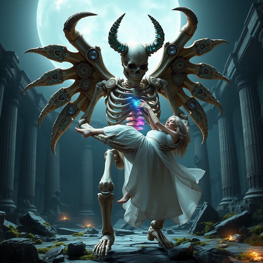 Skeletal Construct with Woman in Crystal Moonlight