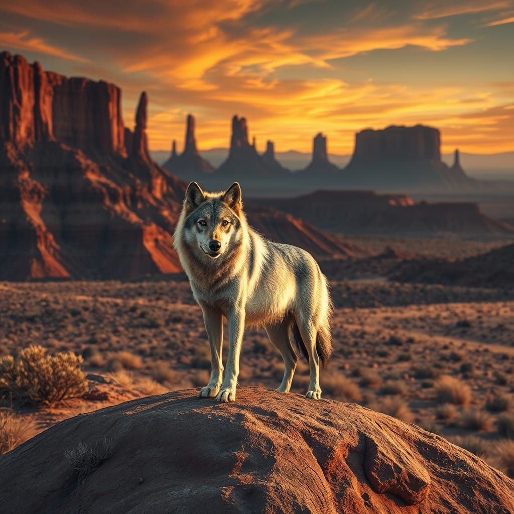 Lone Wolf at Sunset: Hyperrealistic Desert Scene