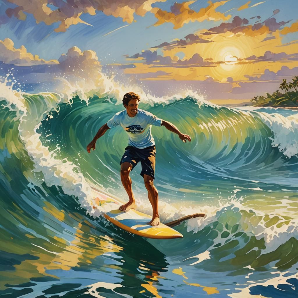 Surfer on Tropical Wave: Gouache Impressionist Style