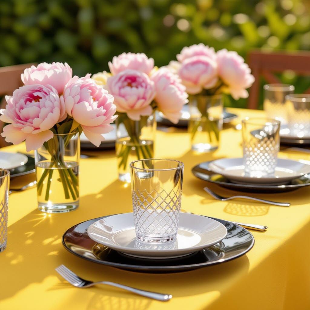 Elegant Table Setting with Yellow, Black, and Peonies