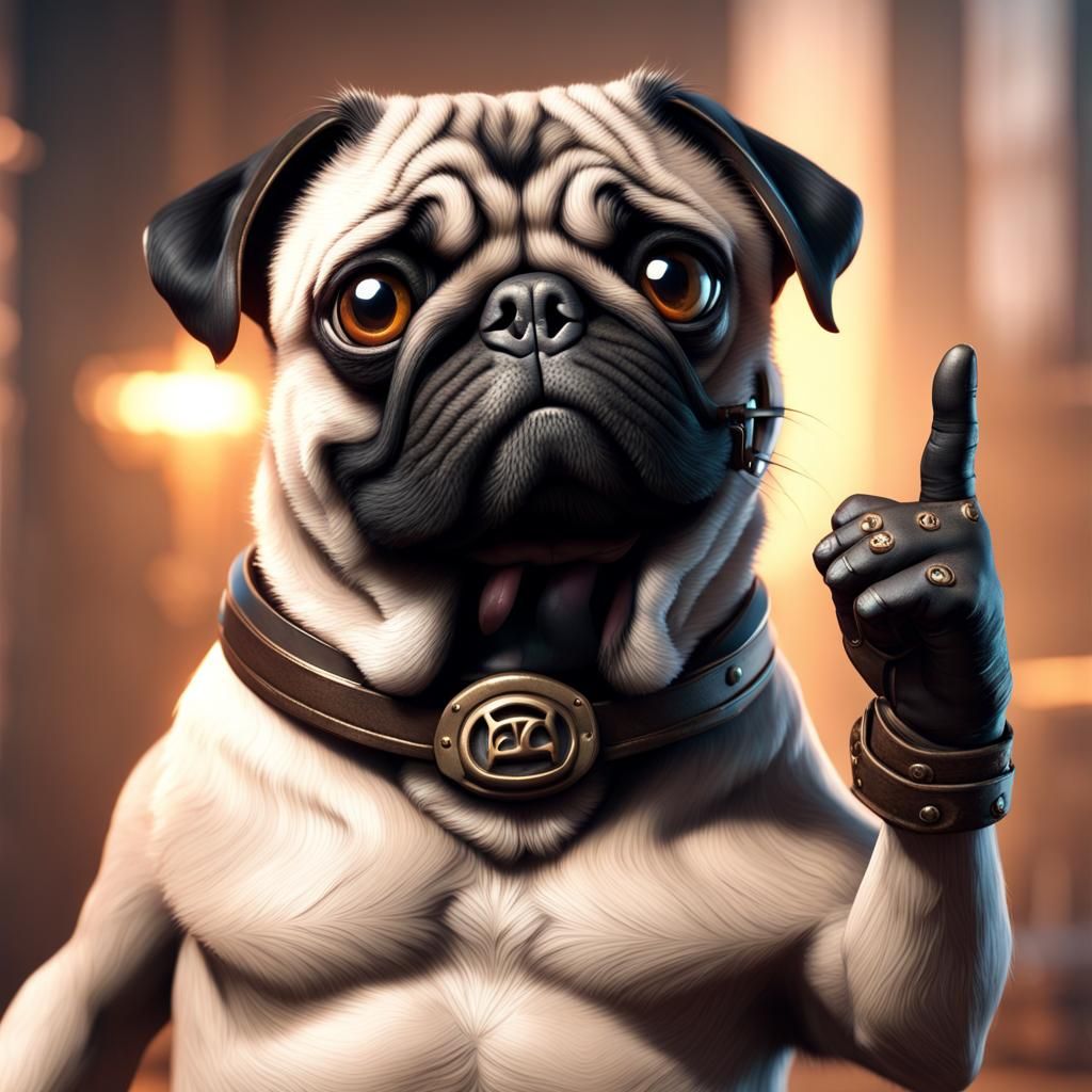 Defiant Pug Gives Middle Finger: 3D Render