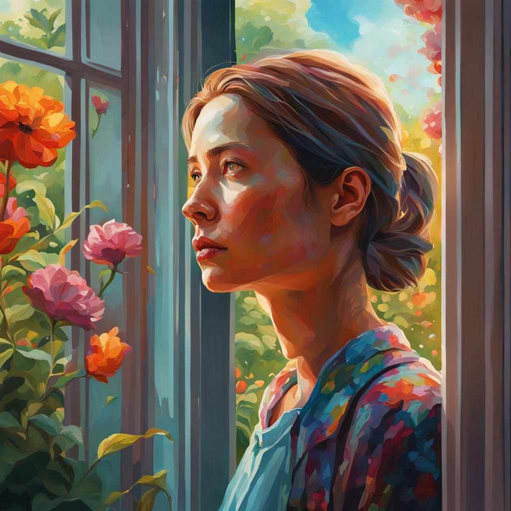 Woman Gazing at Garden: Hyperrealistic Splash Art