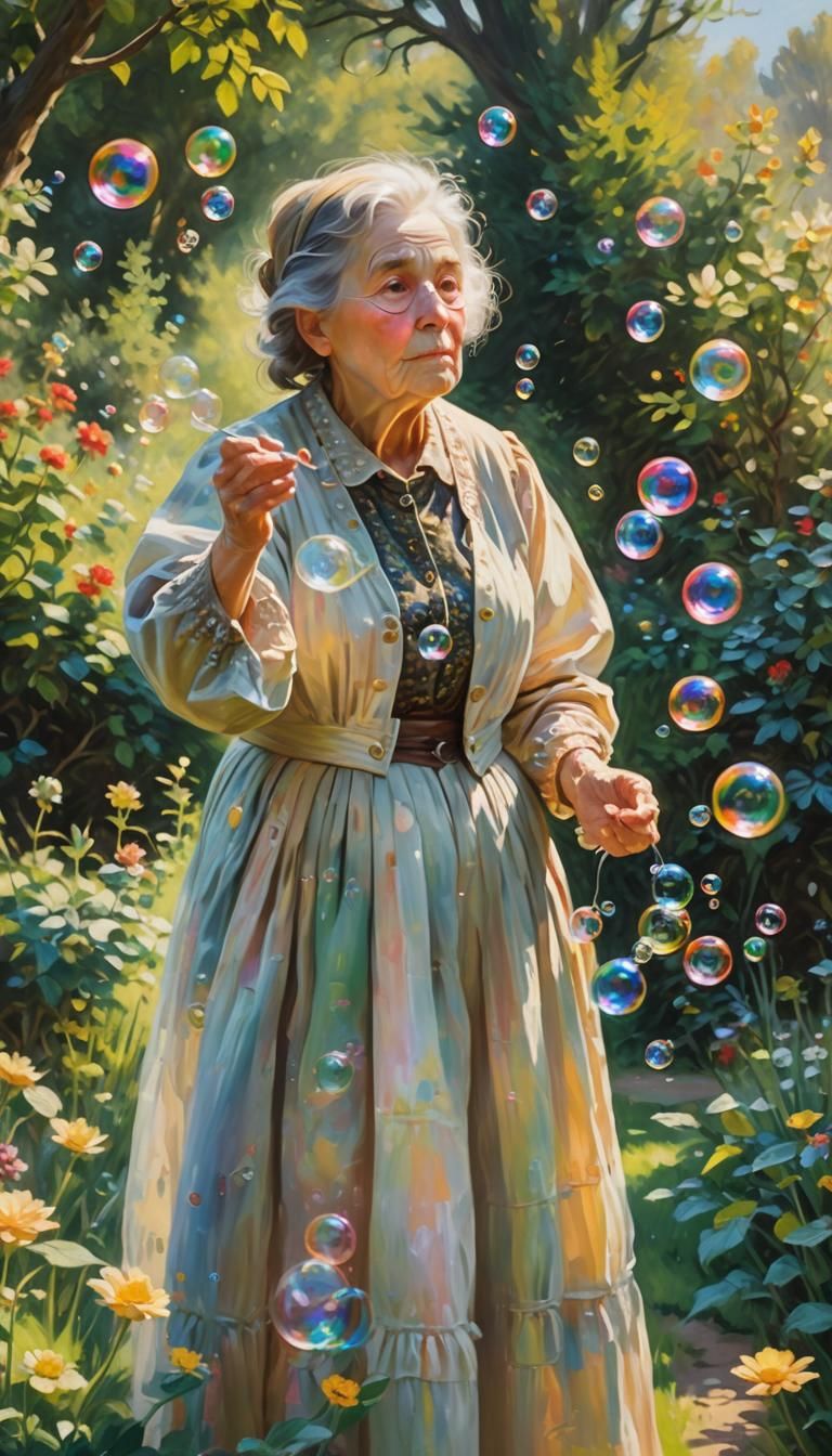 Whimsical Oil Painting of Old Woman with Bubbles