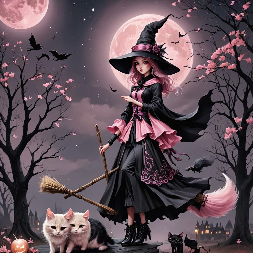 Gothic Moon Witch Rides Broom with Cat Familiar