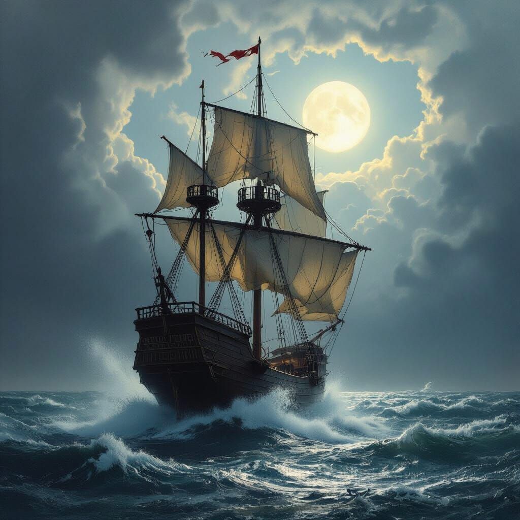 Galleon Battles Stormy Seas in Ethereal Moonlight