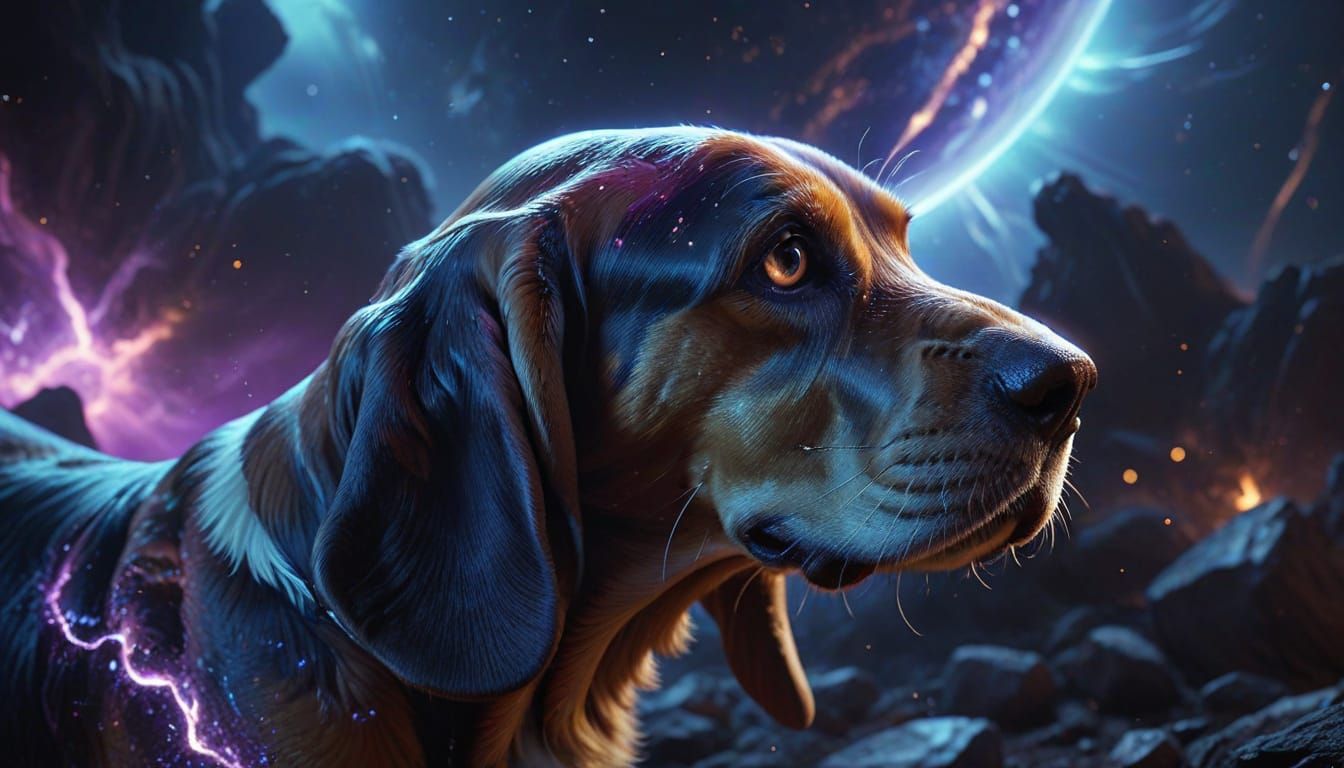 Basset Hound Watches Alien Earth in Sci-Fi Art