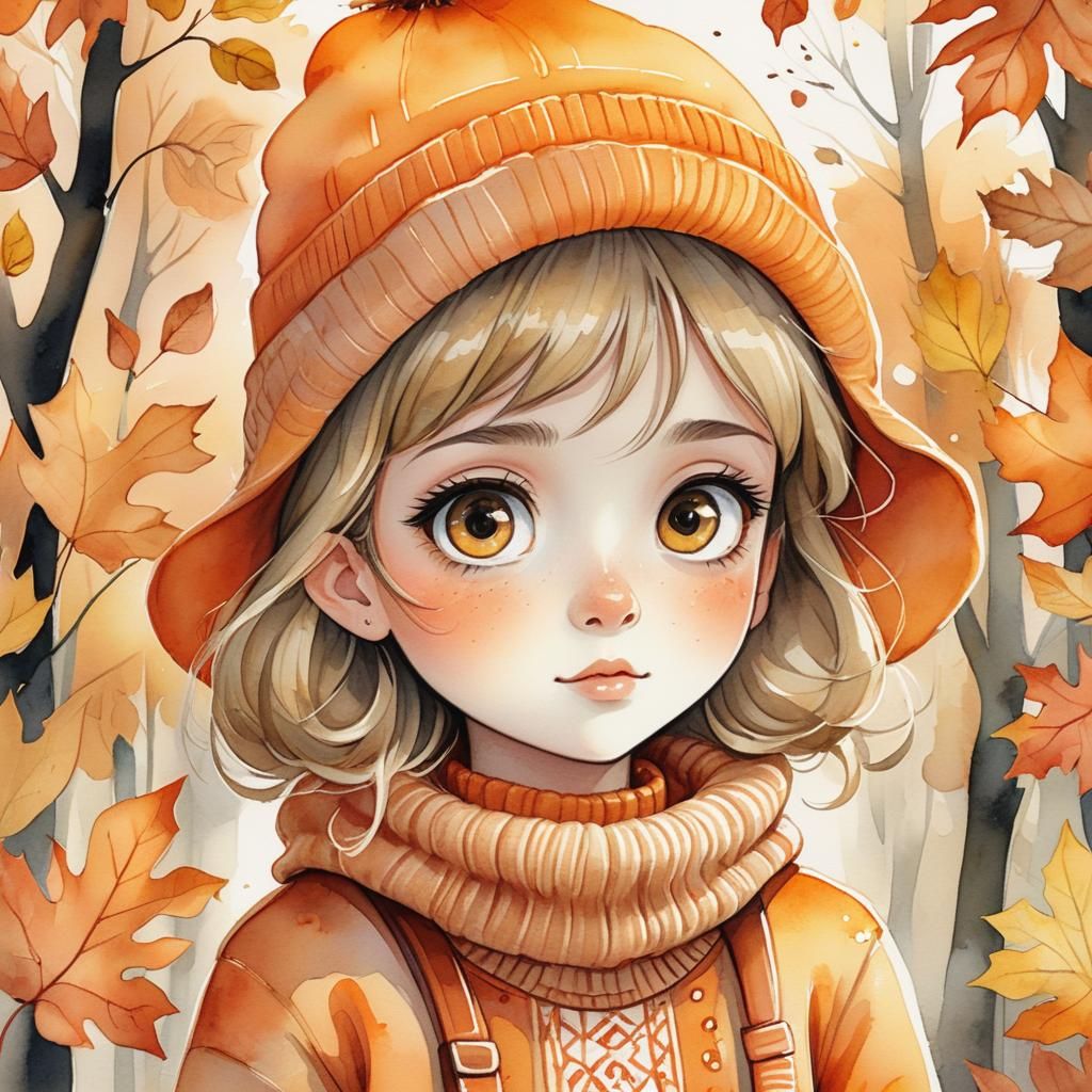 Whimsical Autumn Girl in Watercolor