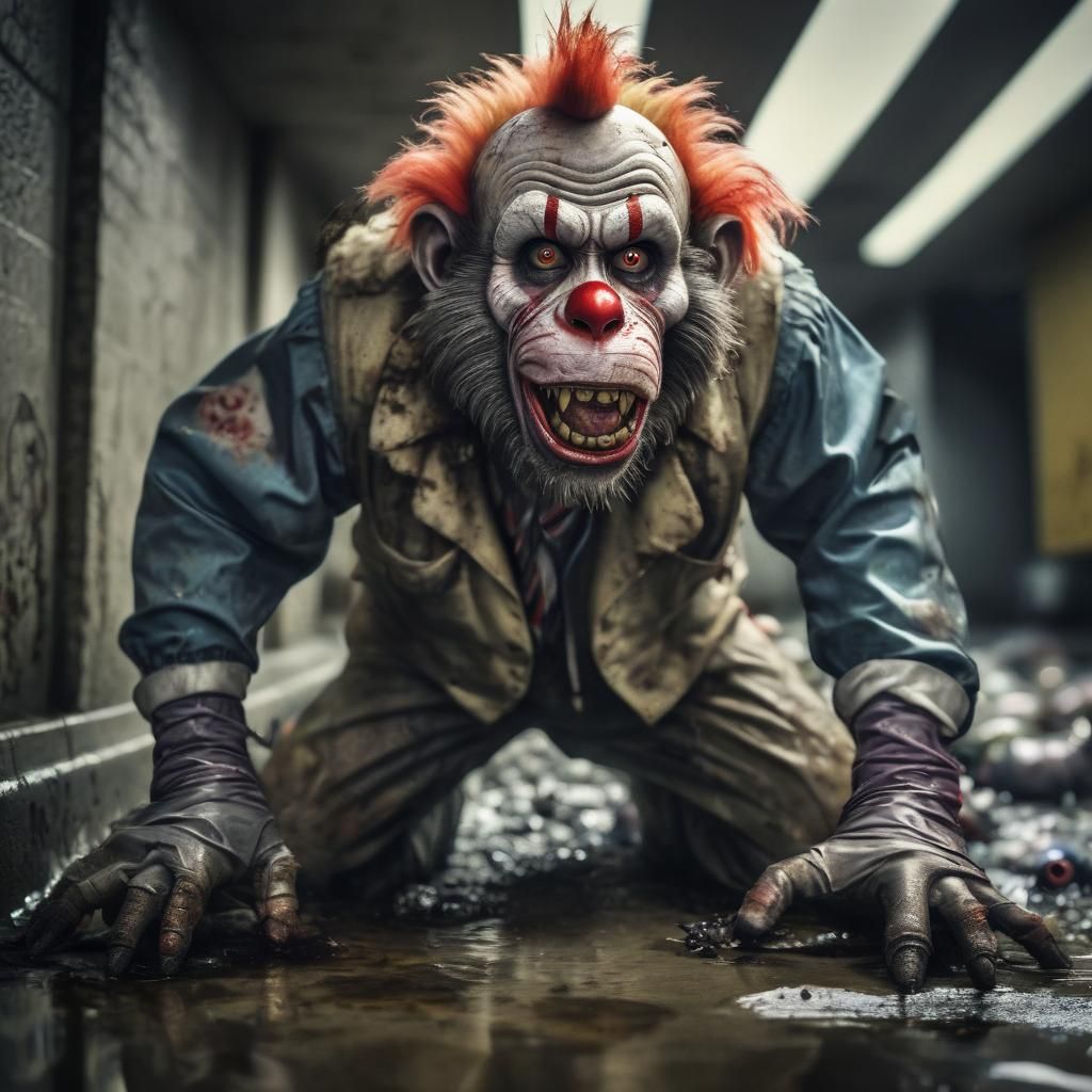 Hyperrealistic Zombie Monkey Clown Crawling Through Sewer