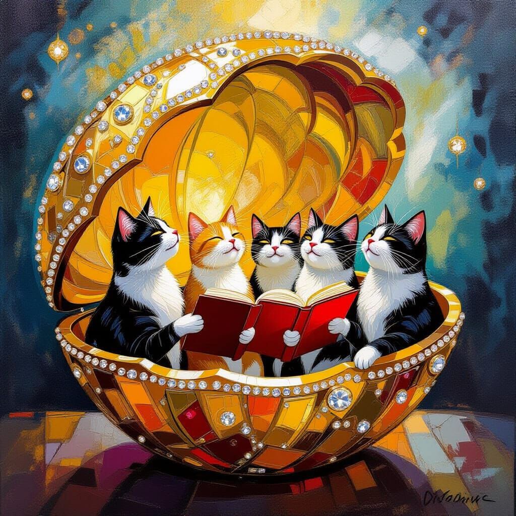 Cats Singing in Diamond-Studded Golden Shell, Surreal Dali &...