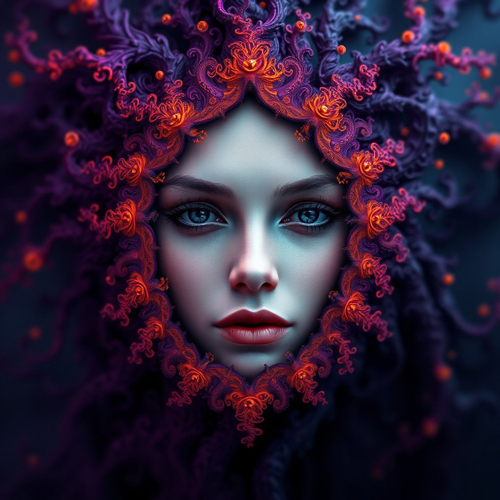 Serene Woman in Vibrant Fractal Pattern