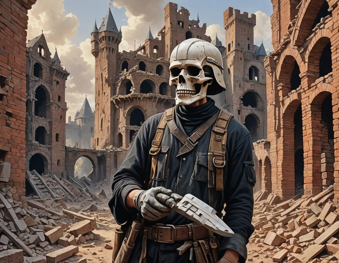 Skull Bricklayer Gazing at Dilapidated Castle