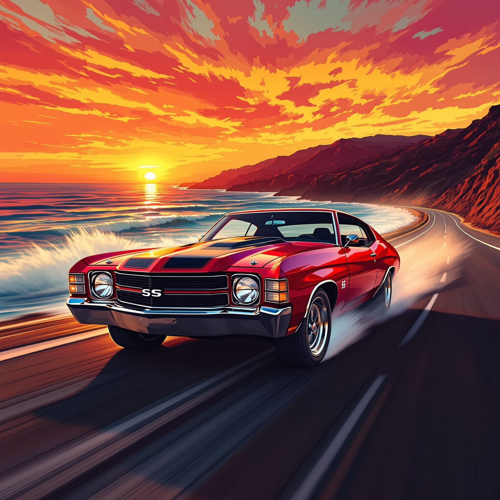 Candy Apple Red 1972 Chevelle SS on Coastal Highway