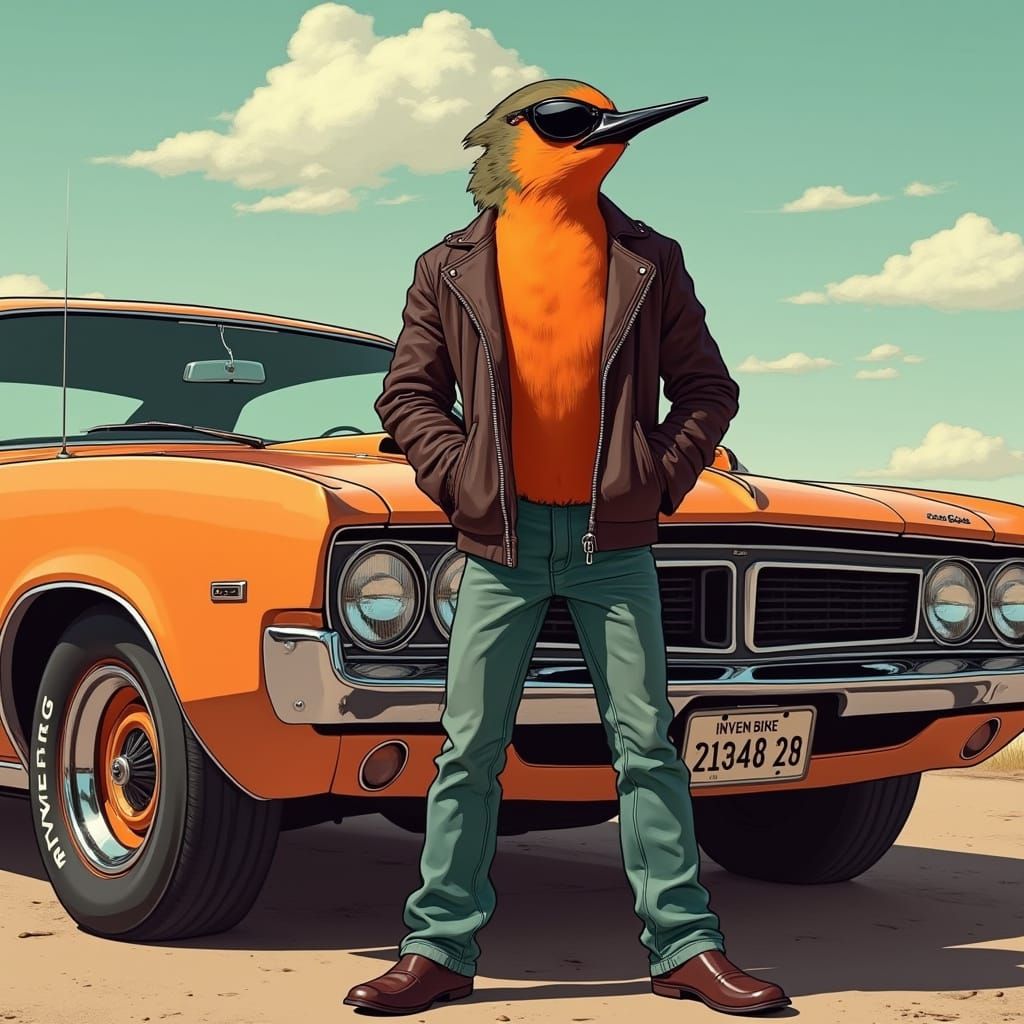 Retro Robin Posing by Muscle Car