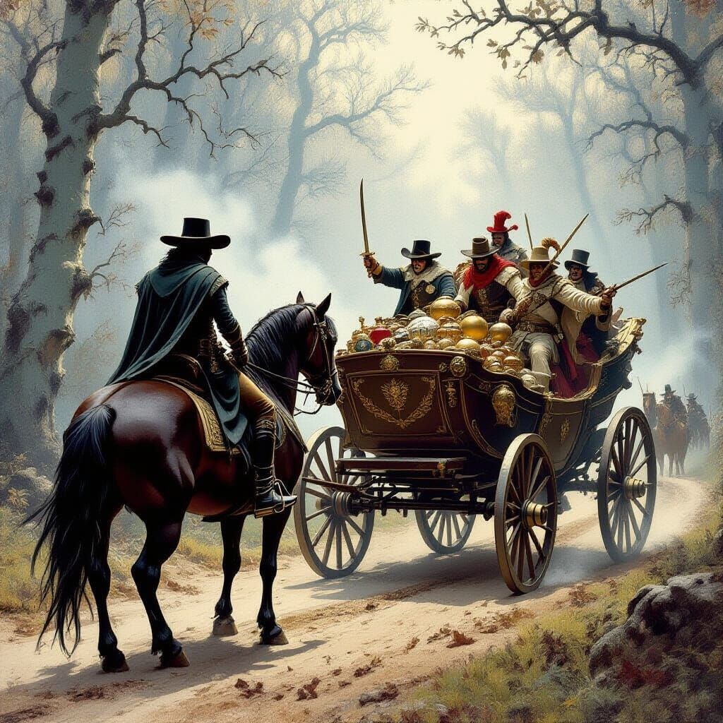 Masked Bandit Confronts Merchants in Misty Forest