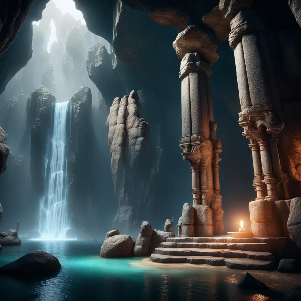 Crystal Cave with Waterfall and Altar in Unreal Engine