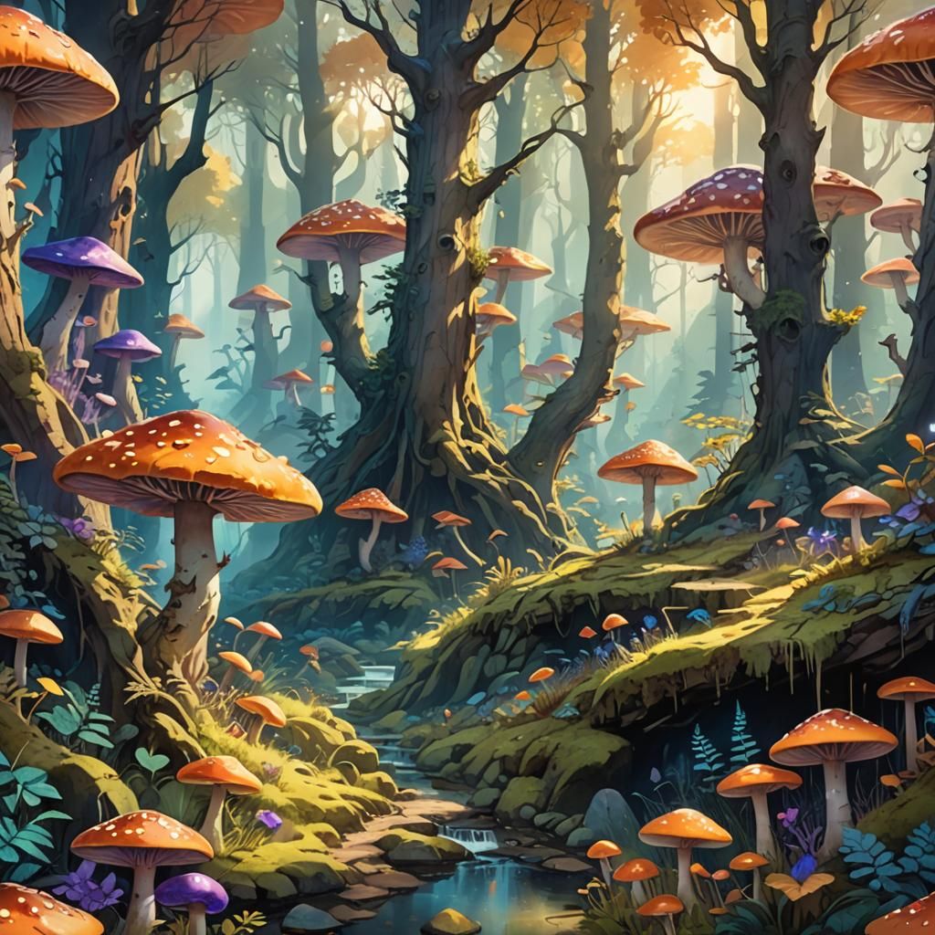 Ethereal Watercolor Fantasy Realm Under Radiant Sunlight