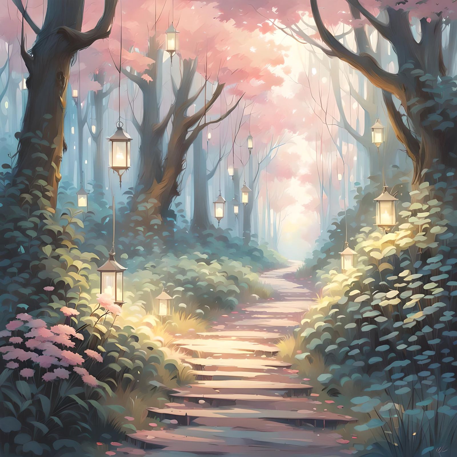 Mystical Forest Path Illuminated by Crystalline Lanterns