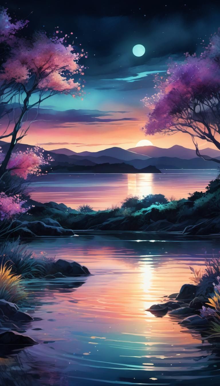 Bioluminescent Shore: Digital Watercolor Summerscape