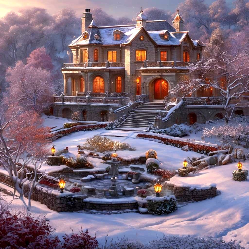 Elegant Stone Manor House in Winter