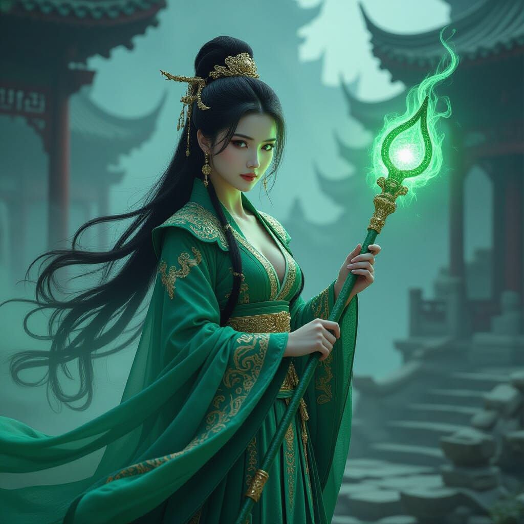 Mystical Chinese Girl with Serpents in Dark Fantasy Style
