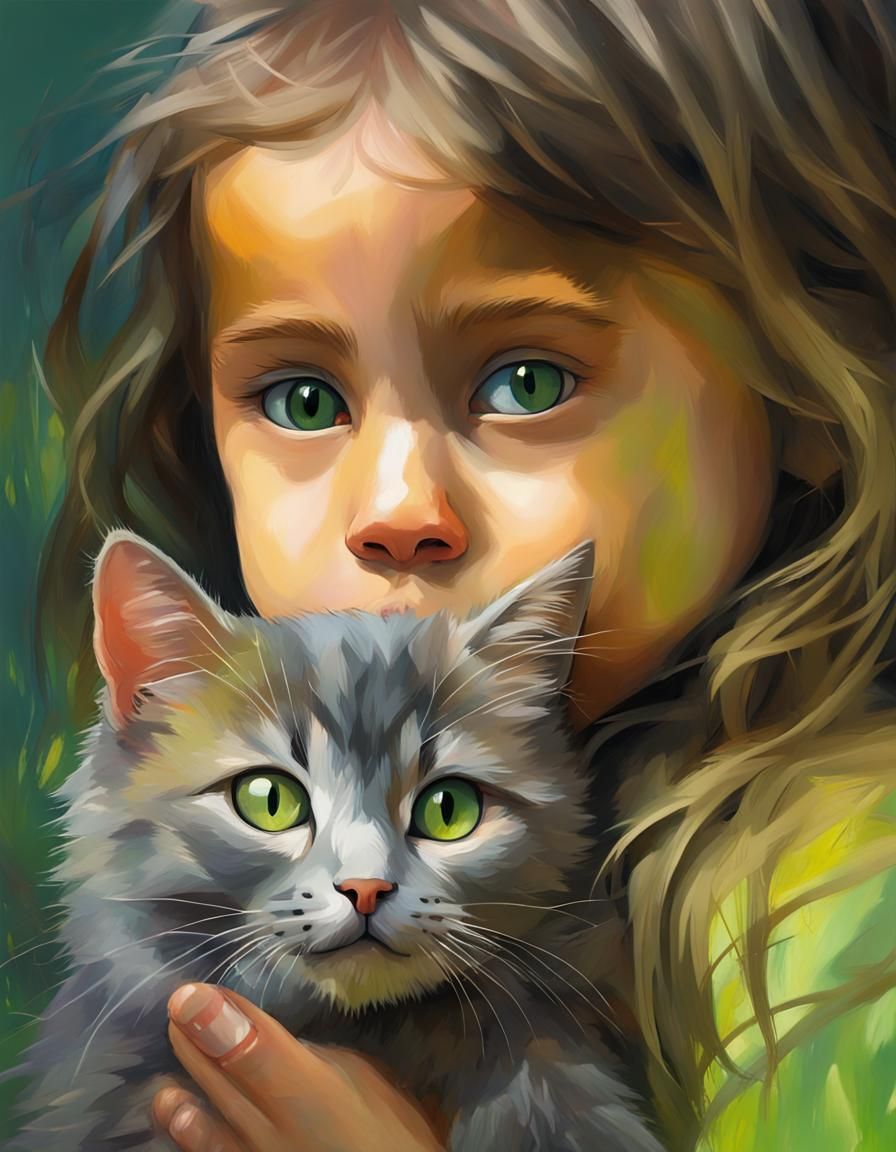 Impressionistic Portrait: Girl and Siberian Cat