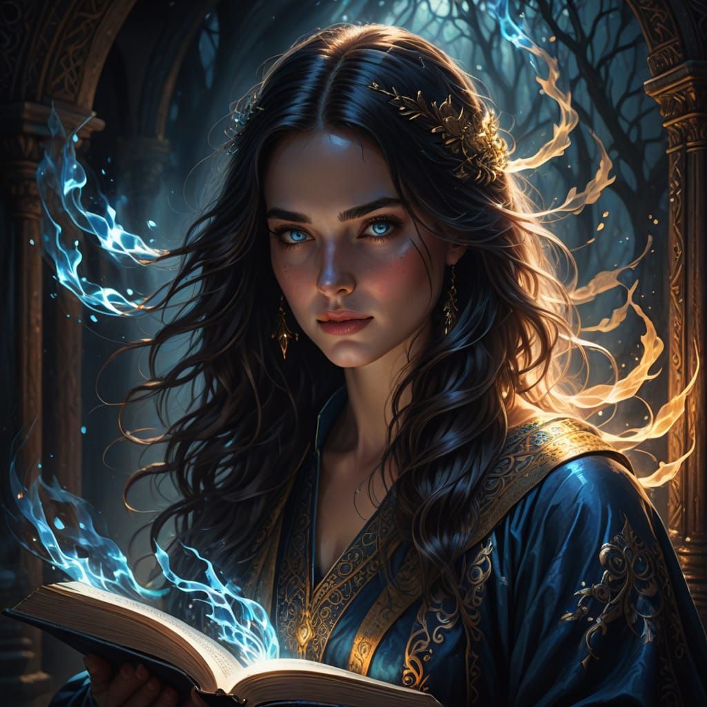 Enchanting Young Woman Amidst Mystical Blue Flames