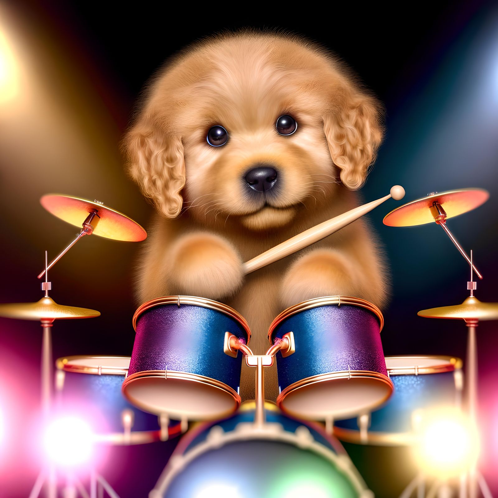 Golden Retriever Pup Drummer: Hyper-Realistic Digital Art