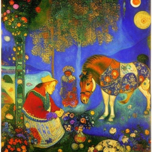 Fairytale Grandmother Horse in Slavic Folklore Style