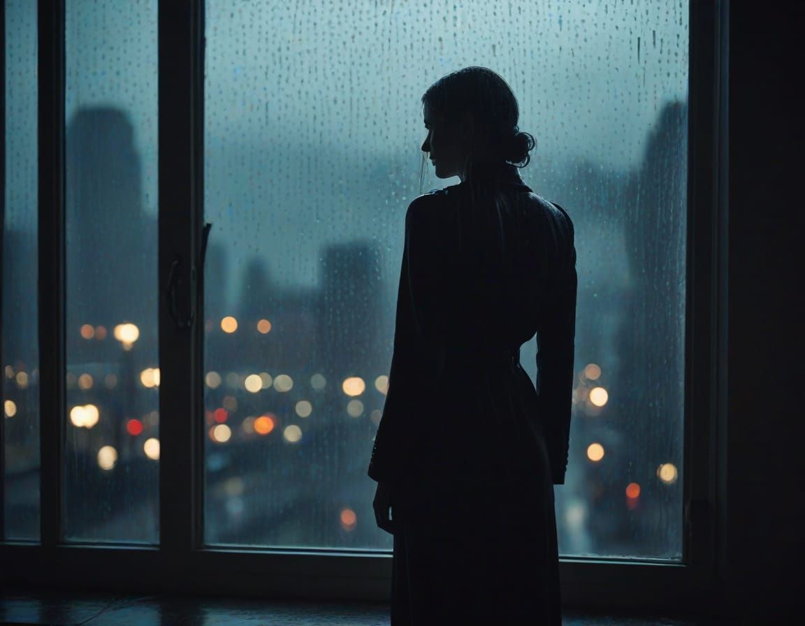 Noir Film Still: Silhouette in Rain-Streaked Window