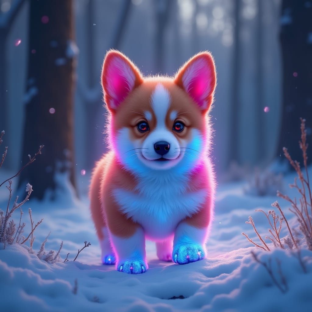 Magical Corgi Puppy in Neon Dreamscape